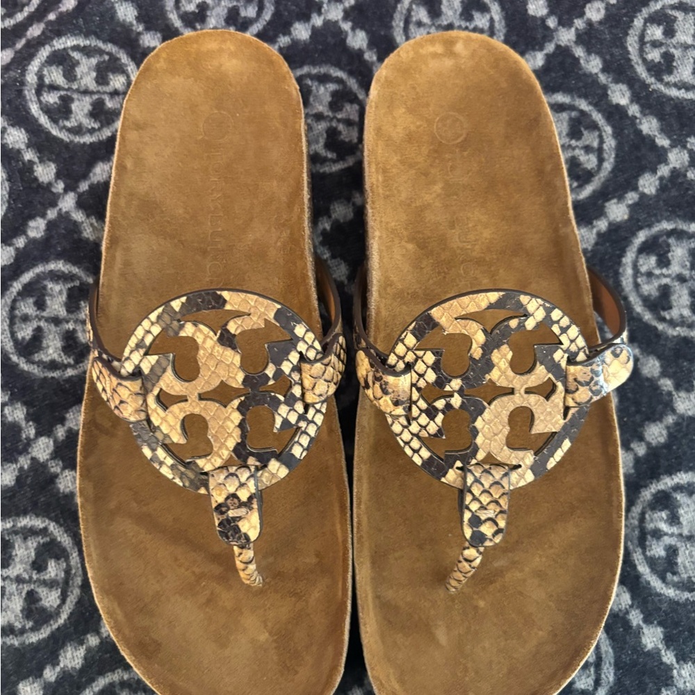 Tory Burch Tan and Black Snake Sandals